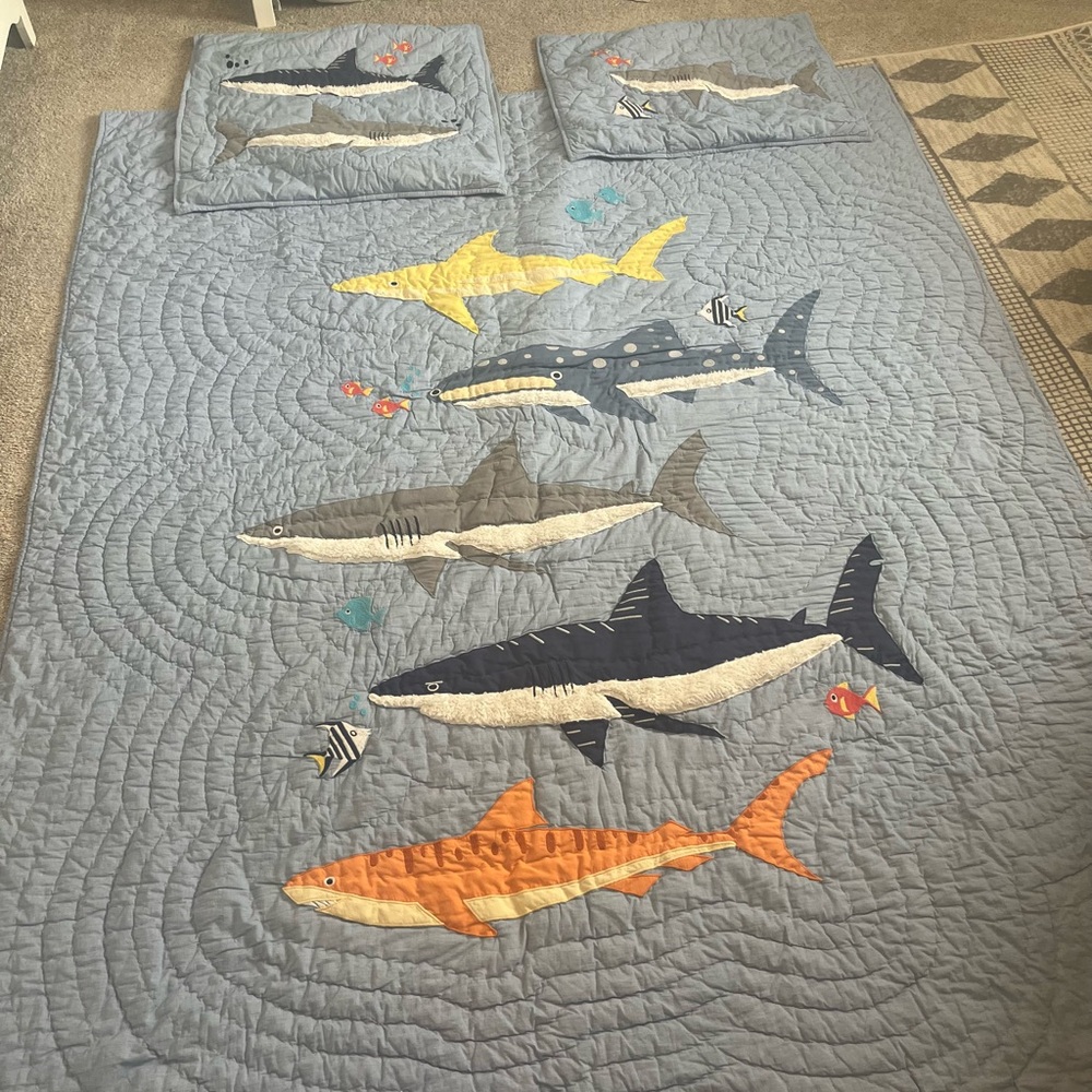 Pottery Barn chambray shark quilt, euro and standard shams. Smoke-free home.
